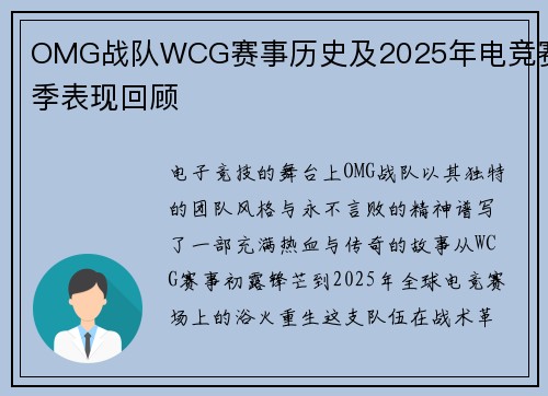 OMG战队WCG赛事历史及2025年电竞赛季表现回顾